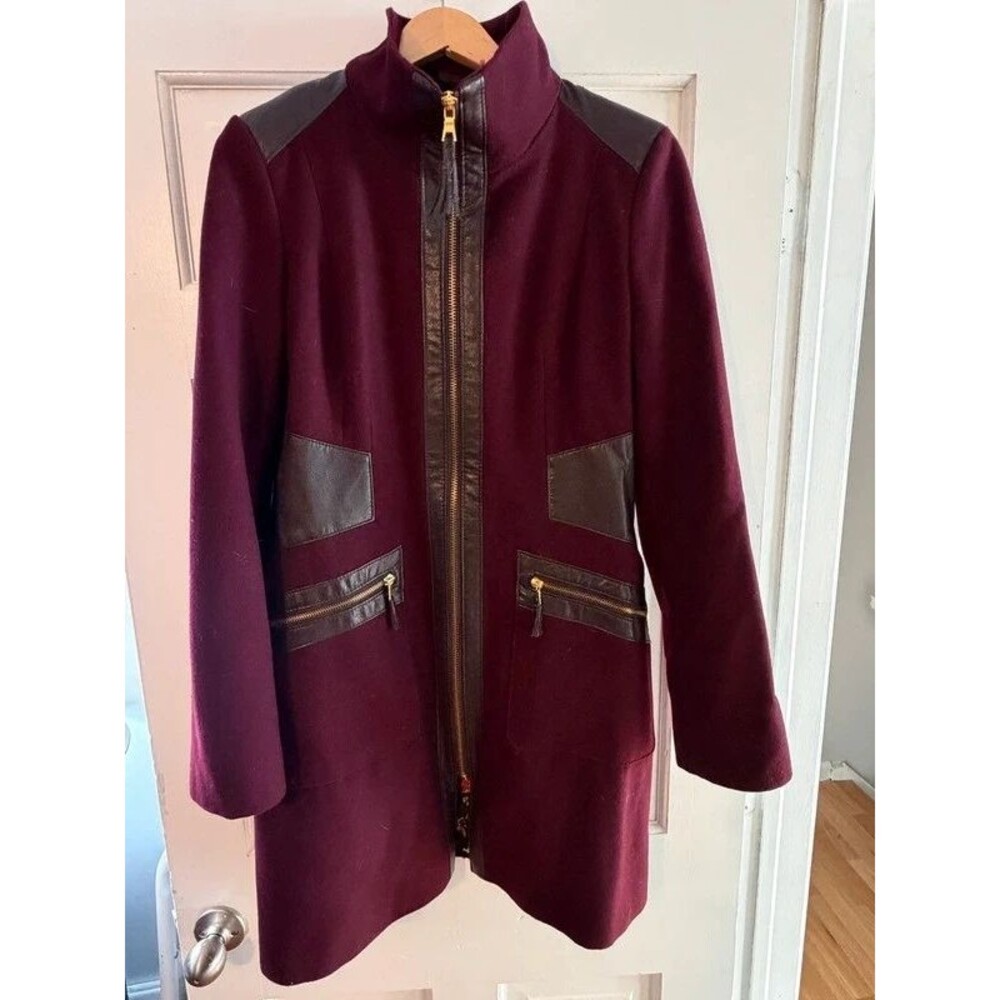 via spiga burgundy wool blend leather trim coat